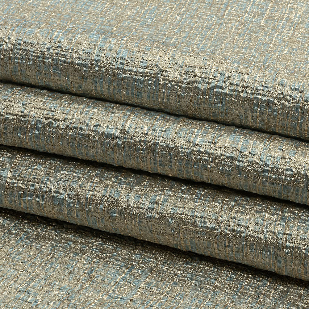 Metallic Gold, Pale Blue and Beige Crosshatched Lines Luxury Brocade Folded