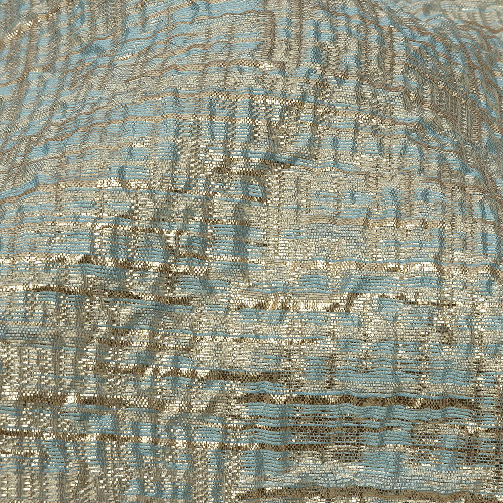 Metallic Gold, Pale Blue and Beige Crosshatched Lines Luxury Brocade Detail