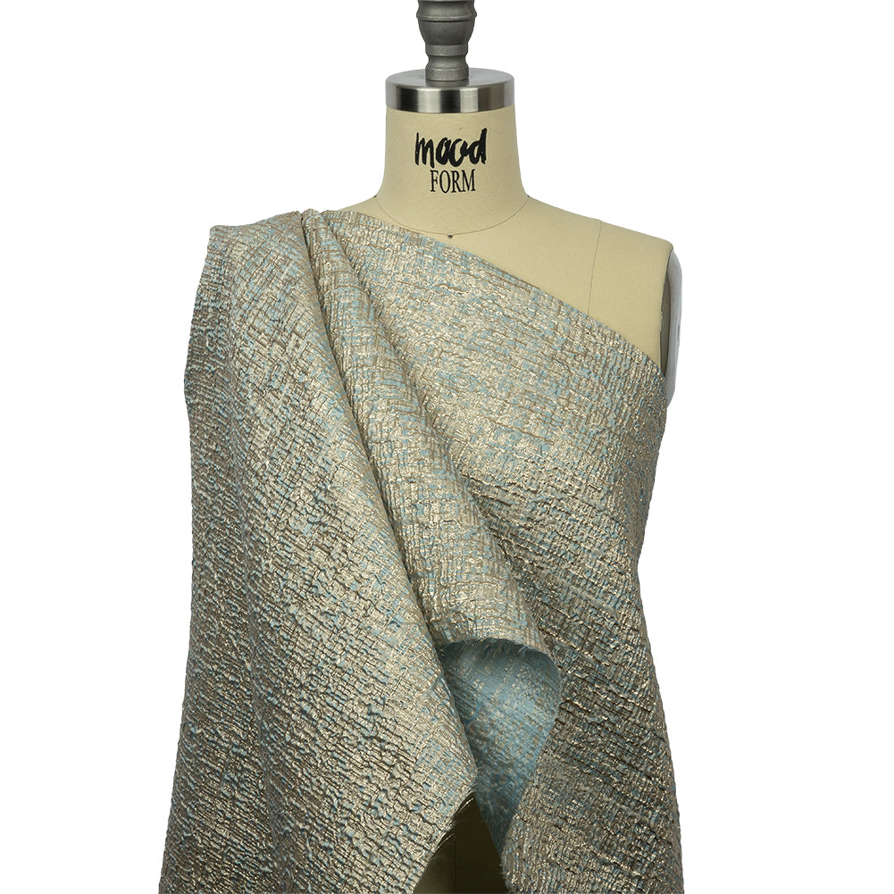 Metallic Gold, Pale Blue and Beige Crosshatched Lines Luxury Brocade Drape