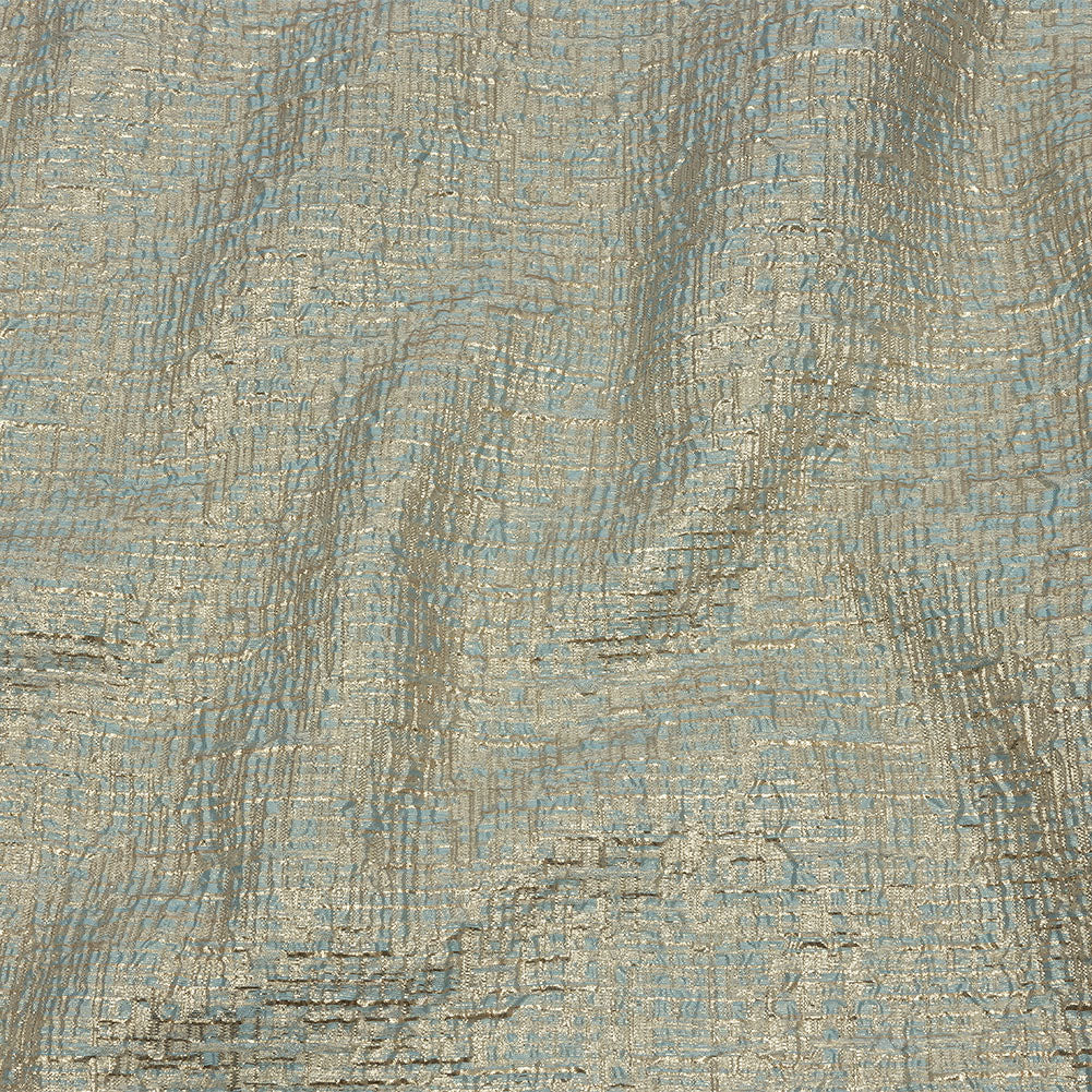 Metallic Gold, Pale Blue and Beige Crosshatched Lines Luxury Brocade
