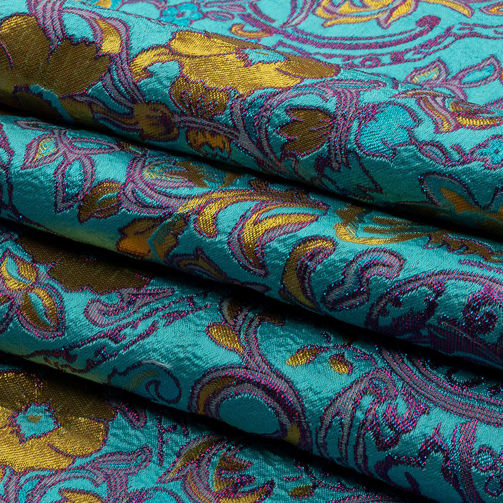 Turquoise, Magenta and Golden Yellow Floral Damask Metallic Luxury Brocade - Folded