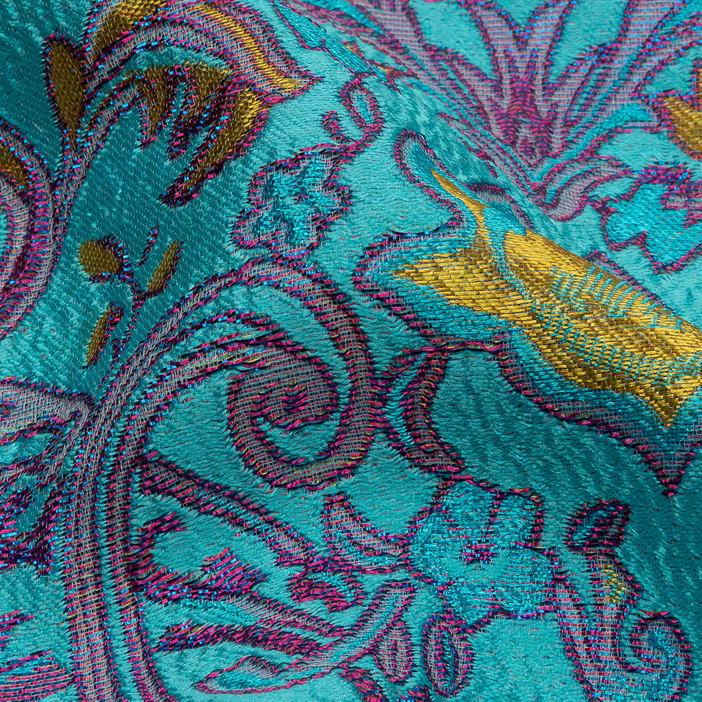 Turquoise, Magenta and Golden Yellow Floral Damask Metallic Luxury Brocade - Detail