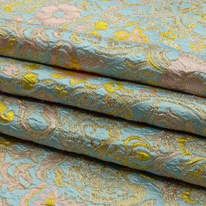 Baby Blue, Light Pink and Yellow Floral Damask Metallic Luxury Brocade