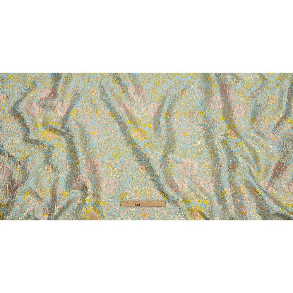 Baby Blue, Light Pink and Yellow Floral Damask Metallic Luxury Brocade