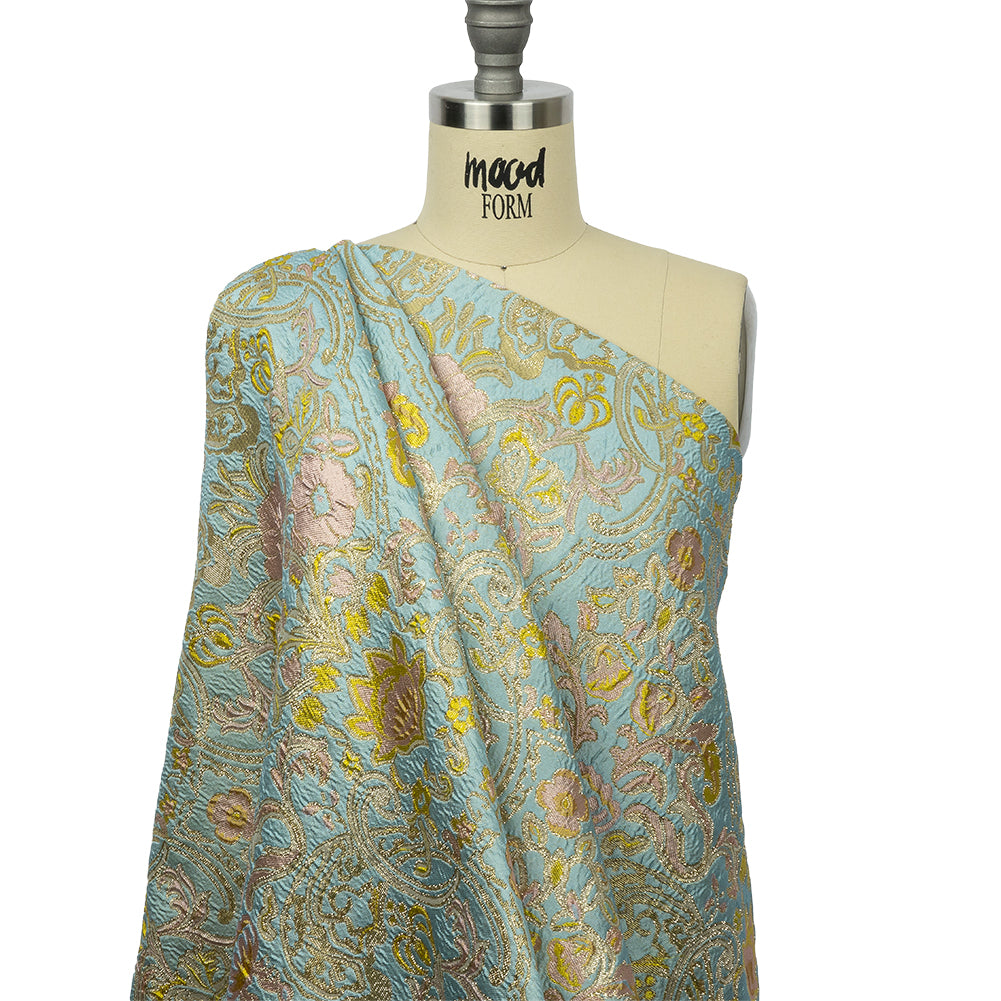 Baby Blue, Light Pink and Yellow Floral Damask Metallic Luxury Brocade