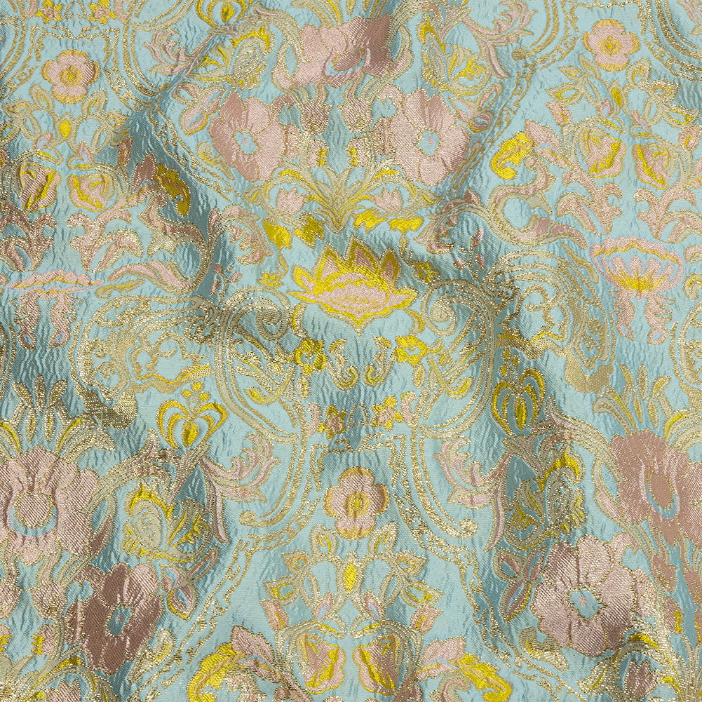 Baby Blue, Light Pink and Yellow Floral Damask Metallic Luxury Brocade