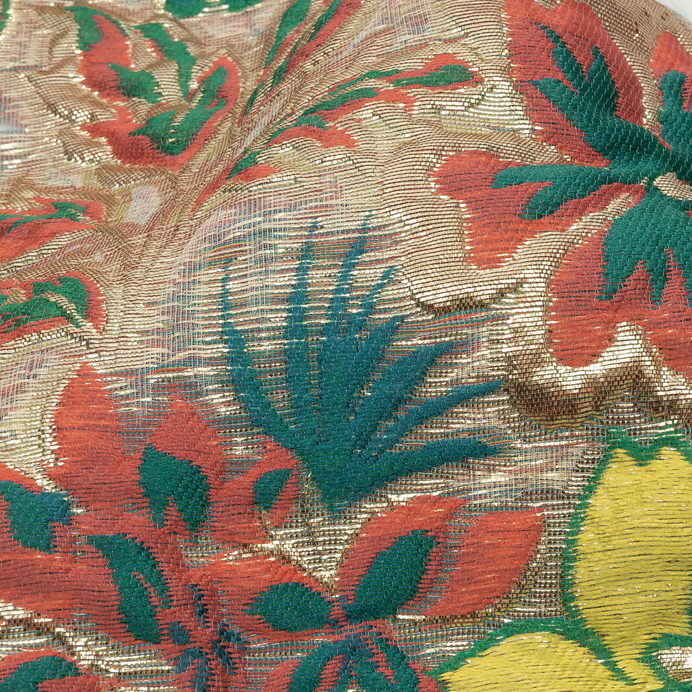 Metallic Forest, Coral and Lemon Floral Luxury Burnout Brocade - Detail