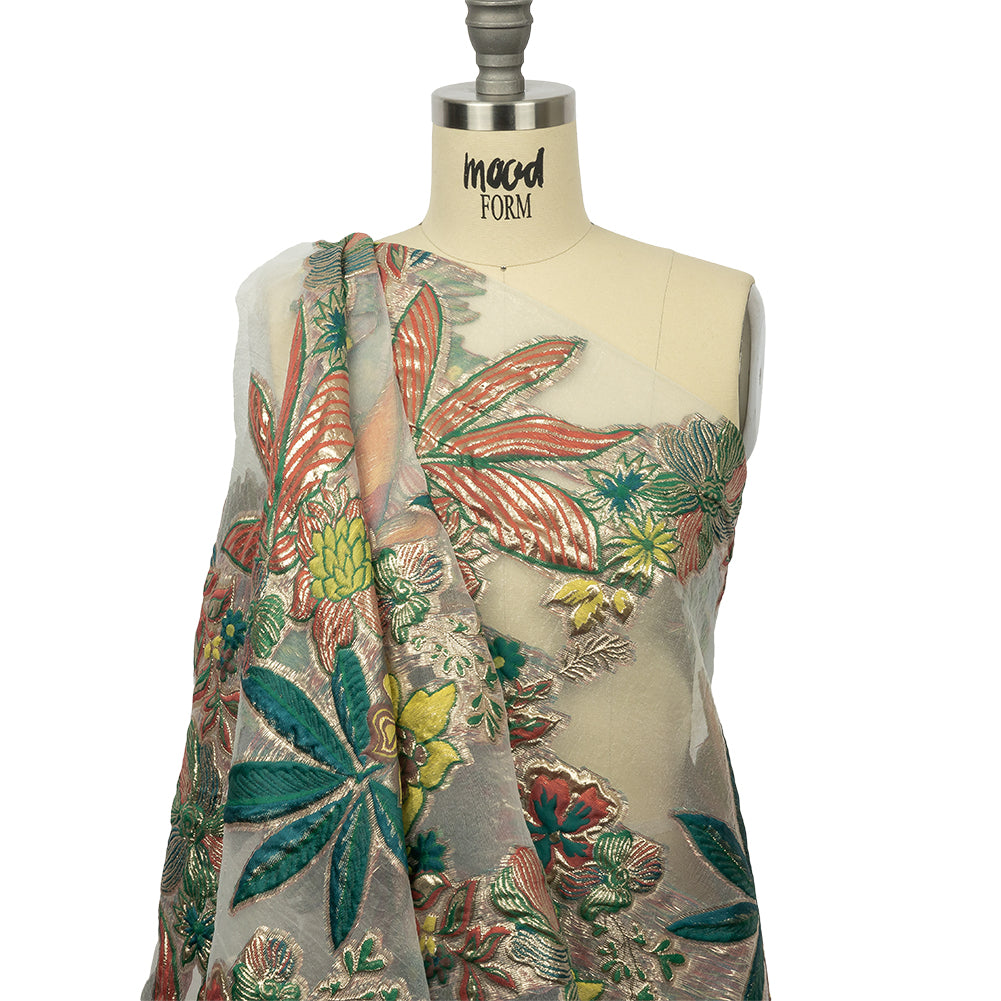 Metallic Forest, Coral and Lemon Floral Luxury Burnout Brocade - Drape