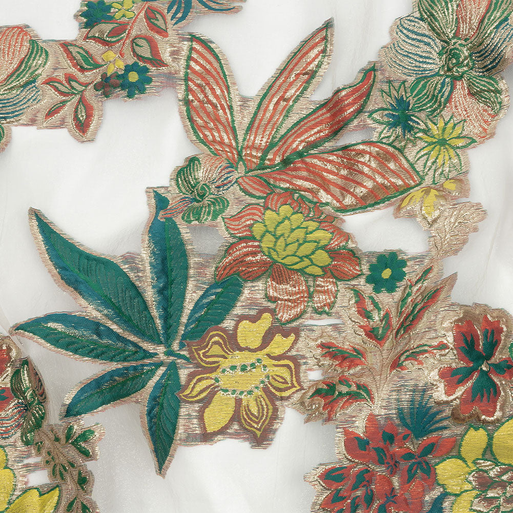 430705 Metallic Forest, Coral and Lemon Floral Luxury Burnout Brocade