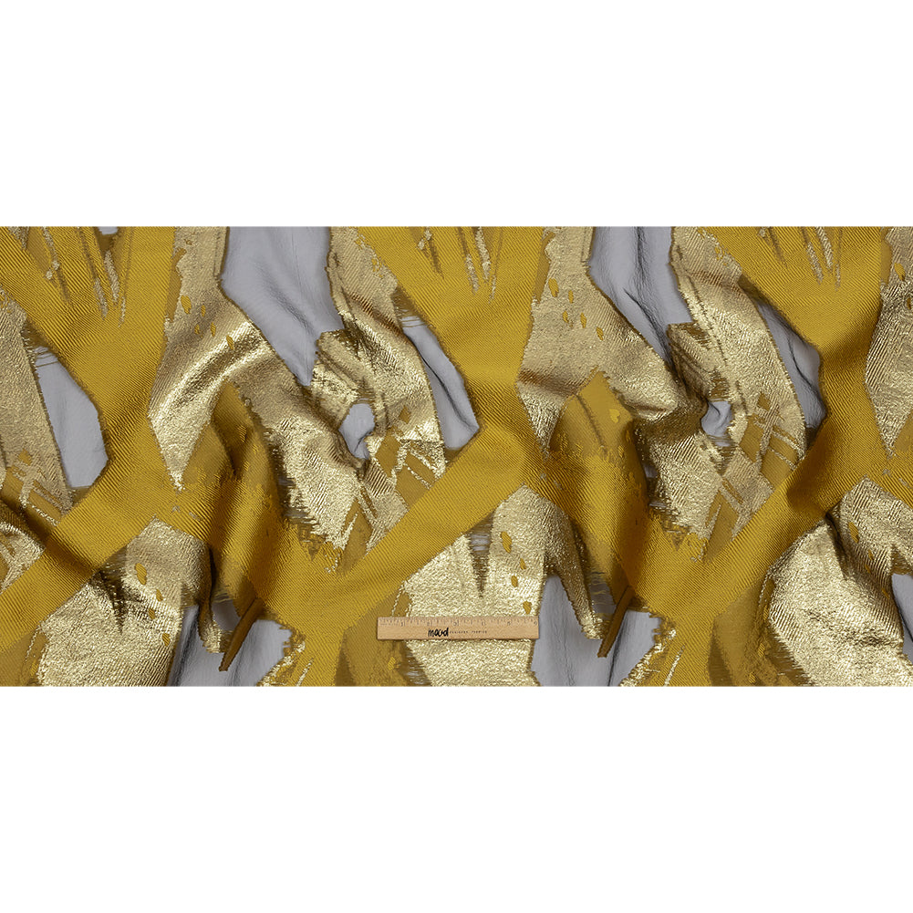 Metallic Gold and Yellow Ochre Painterly Geometrics Luxury Burnout Brocade