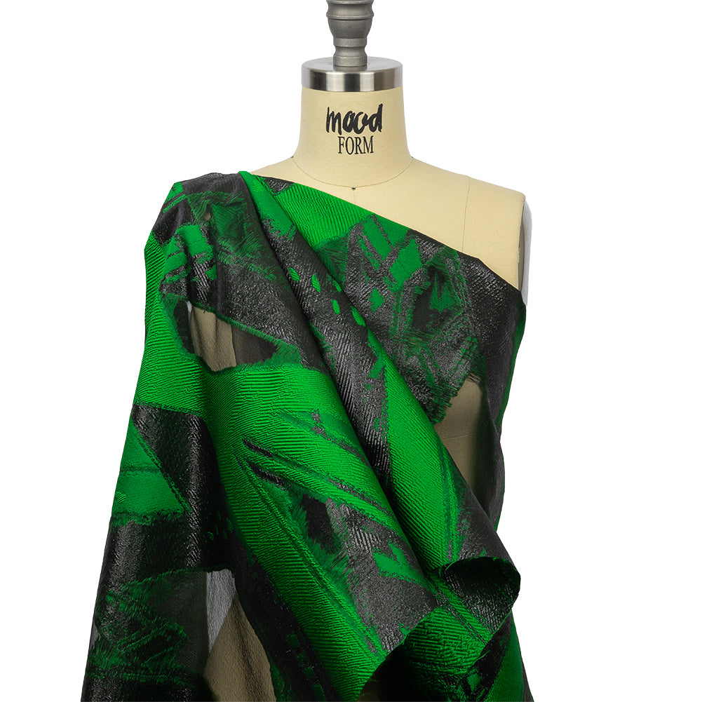 Metallic Black and Green Painterly Geometrics Luxury Burnout Brocade - Drape