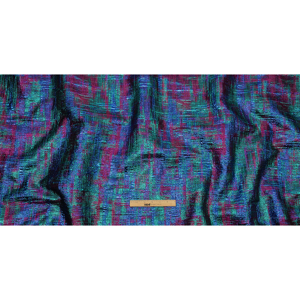 Metallic Teal, Royal and Magenta Distressed Plaid Luxury Brocade - Full