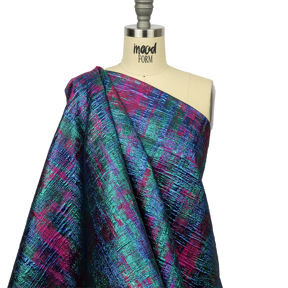 Metallic Teal, Royal and Magenta Distressed Plaid Luxury Brocade - Drape