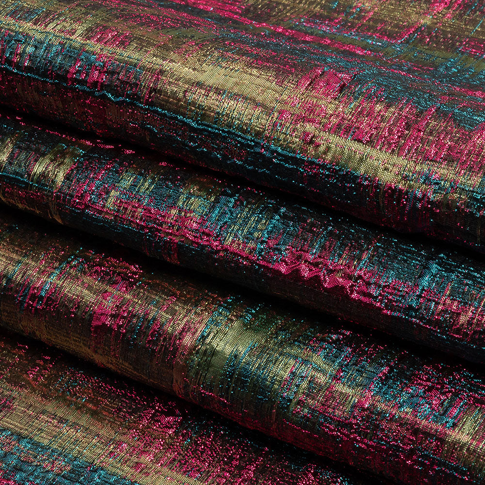 Metallic Magenta, Forest and Olive Distressed Plaid Luxury Brocade - Folded