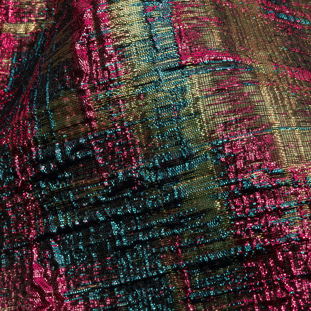 Metallic Magenta, Forest and Olive Distressed Plaid Luxury Brocade - Detail