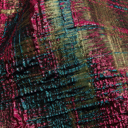 Metallic Magenta, Forest and Olive Distressed Plaid Luxury Brocade