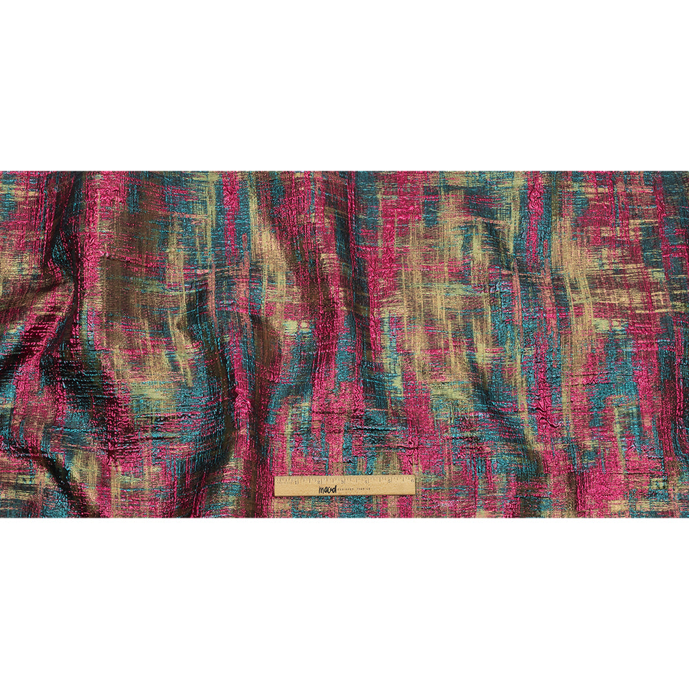 Metallic Magenta, Forest and Olive Distressed Plaid Luxury Brocade - Full