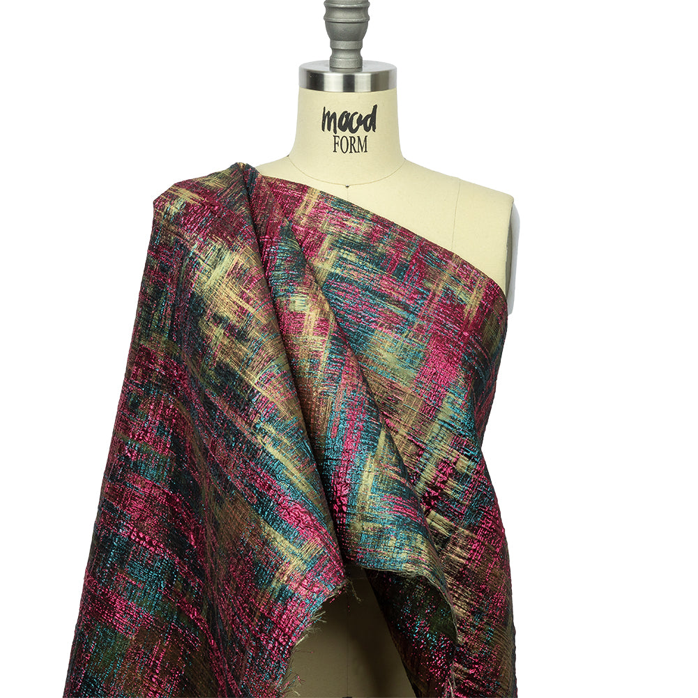 Metallic Magenta, Forest and Olive Distressed Plaid Luxury Brocade - Drape