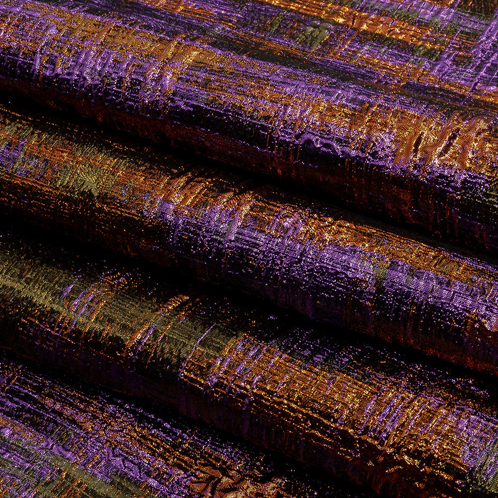 Metallic Olive, Purple and Pumpkin Distressed Plaid Luxury Brocade - Folded