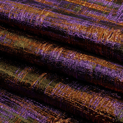 Metallic Olive, Purple and Pumpkin Distressed Plaid Luxury Brocade