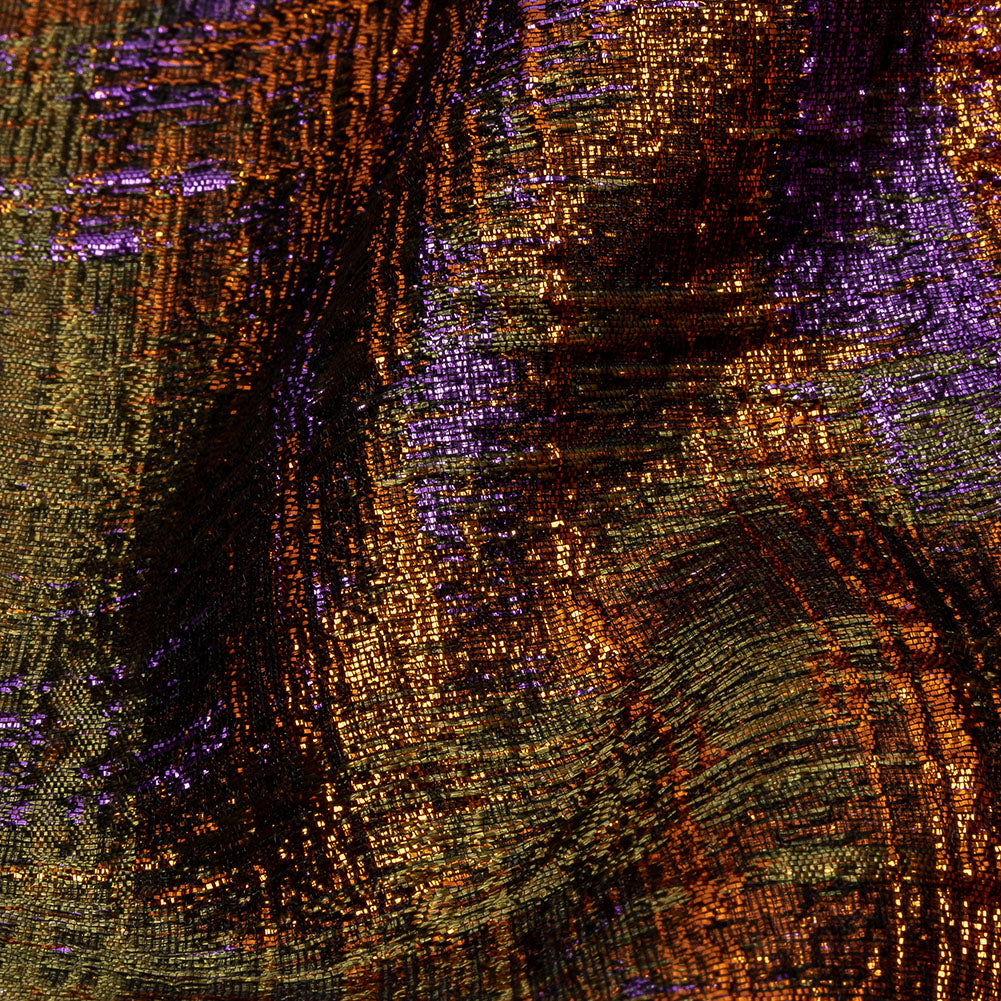 Metallic Olive, Purple and Pumpkin Distressed Plaid Luxury Brocade - Detail