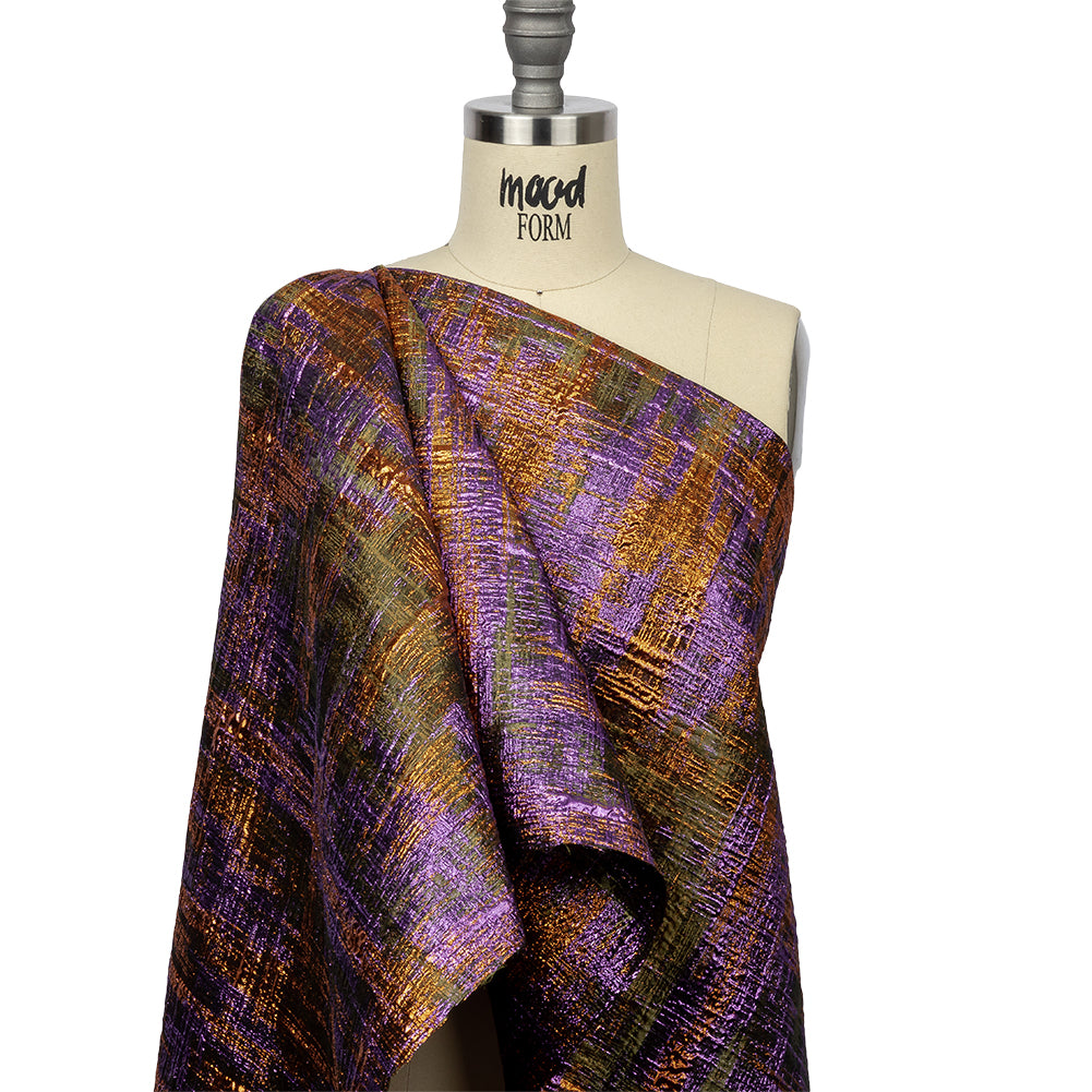 Metallic Olive, Purple and Pumpkin Distressed Plaid Luxury Brocade - Drape