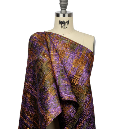 Metallic Olive, Purple and Pumpkin Distressed Plaid Luxury Brocade