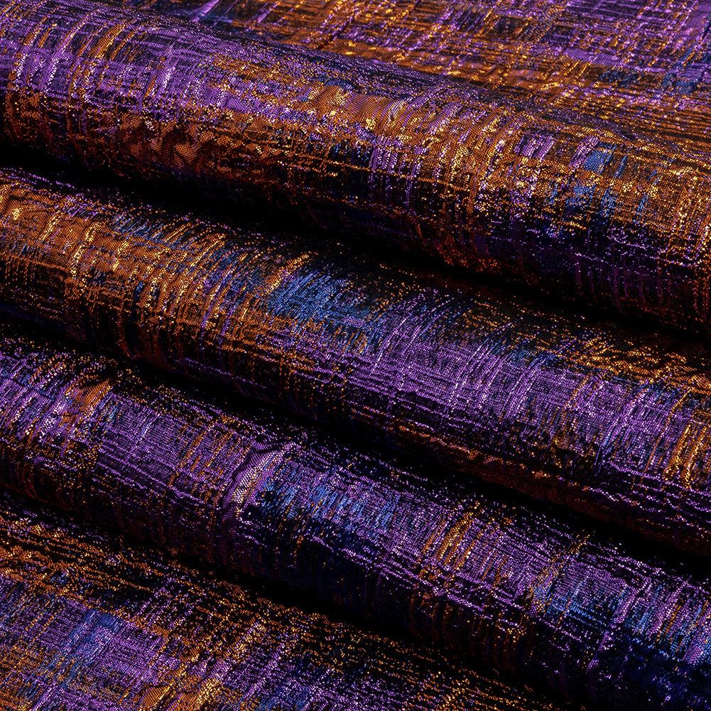 Metallic Blue, Purple and Orange Distressed Plaid Luxury Brocade