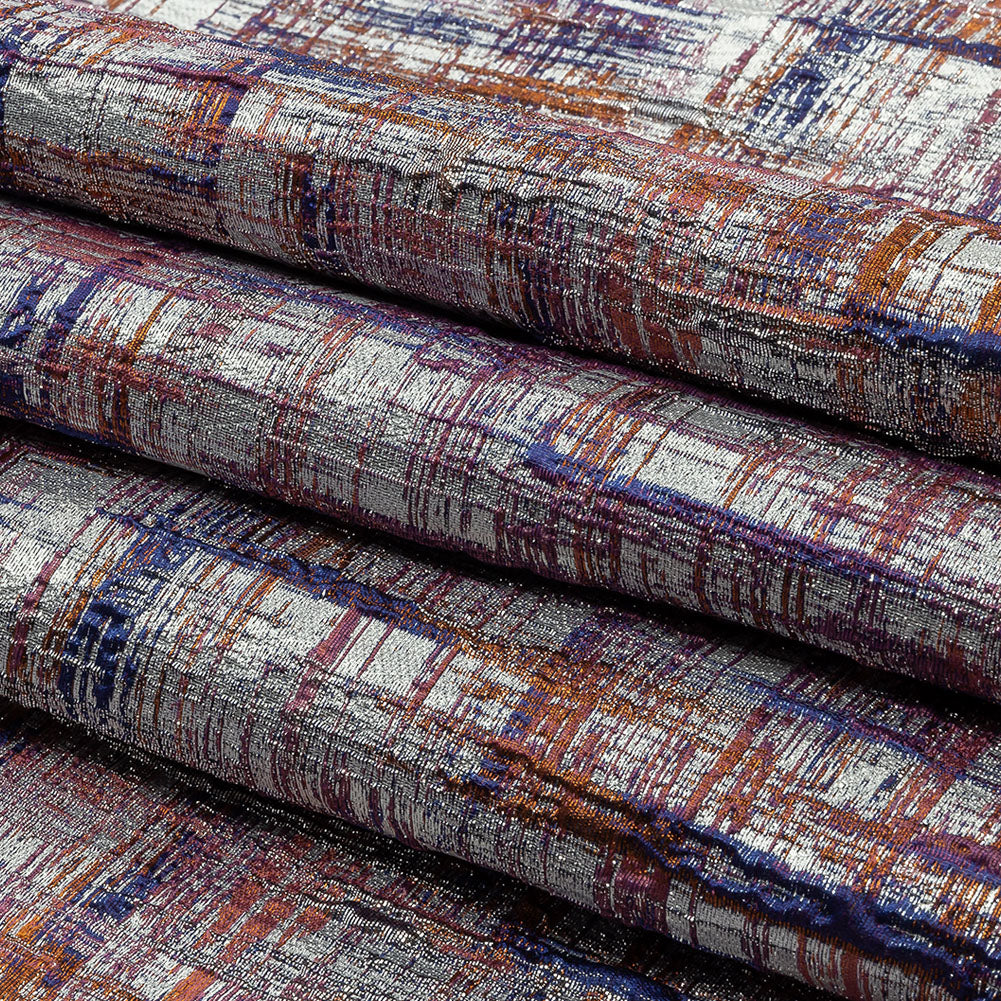 Metallic Silver, Orange and Navy Crosshatching Luxury Brocade - Folded