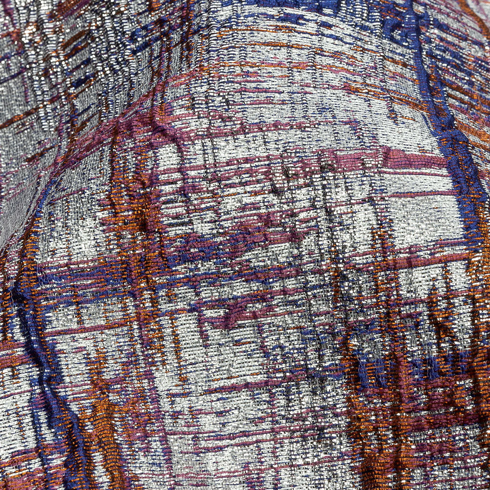 Metallic Silver, Orange and Navy Crosshatching Luxury Brocade - Detail