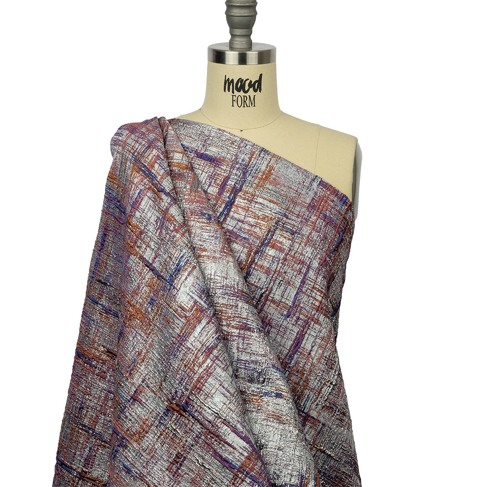 Metallic Silver, Orange and Navy Crosshatching Luxury Brocade - Drape