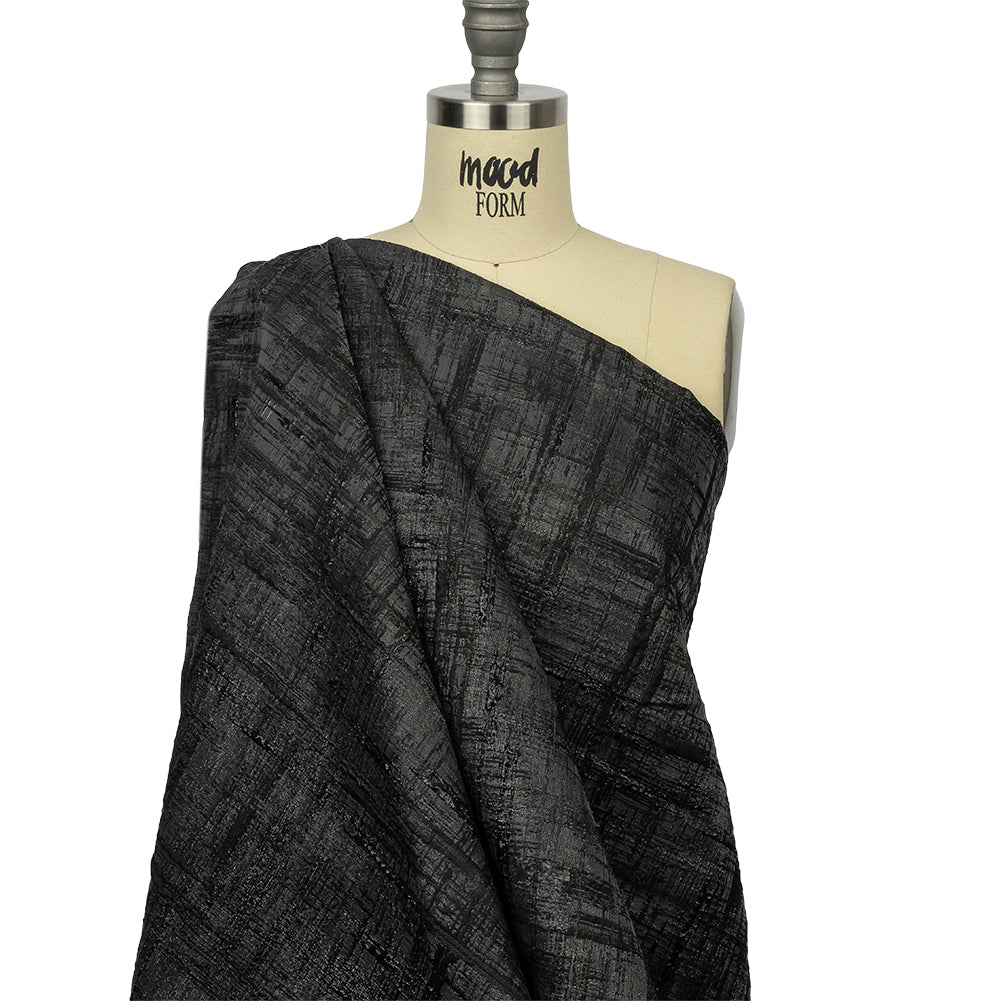 Metallic Black and Charcoal Crosshatching Luxury Brocade - Drape