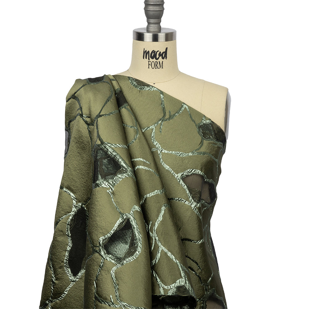 Metallic Olive Green Abstract Luxury Burnout Brocade - Drape