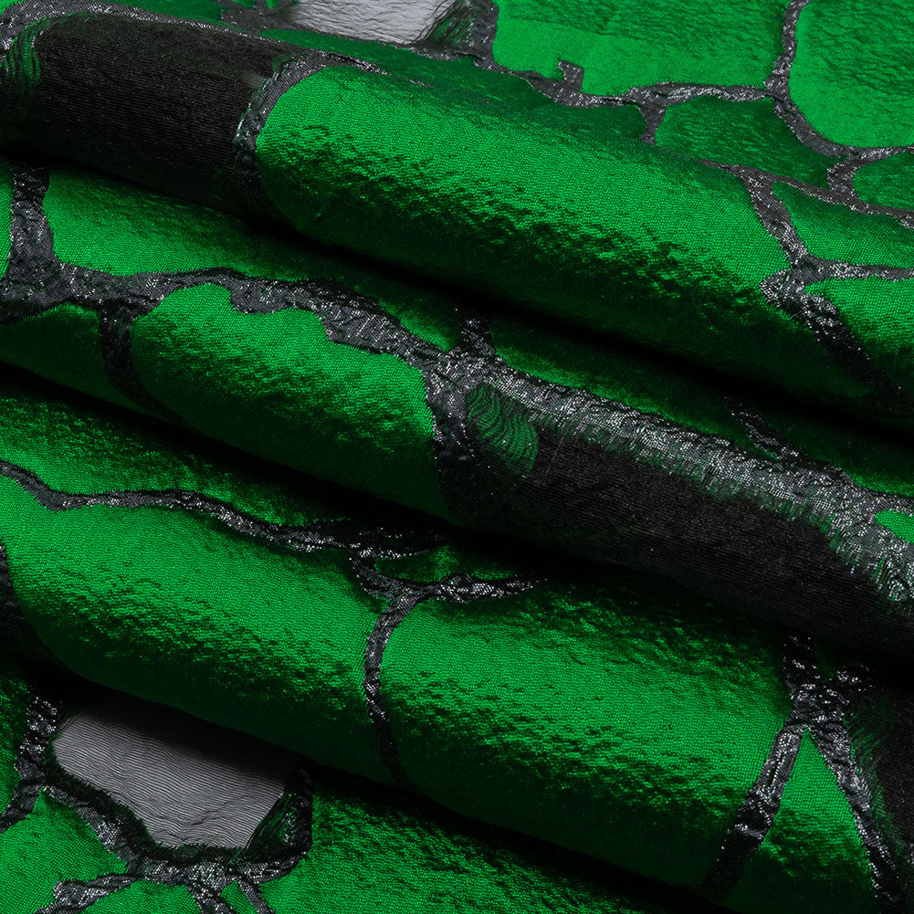 Metallic Black and Green Abstract Luxury Burnout Brocade - Folded