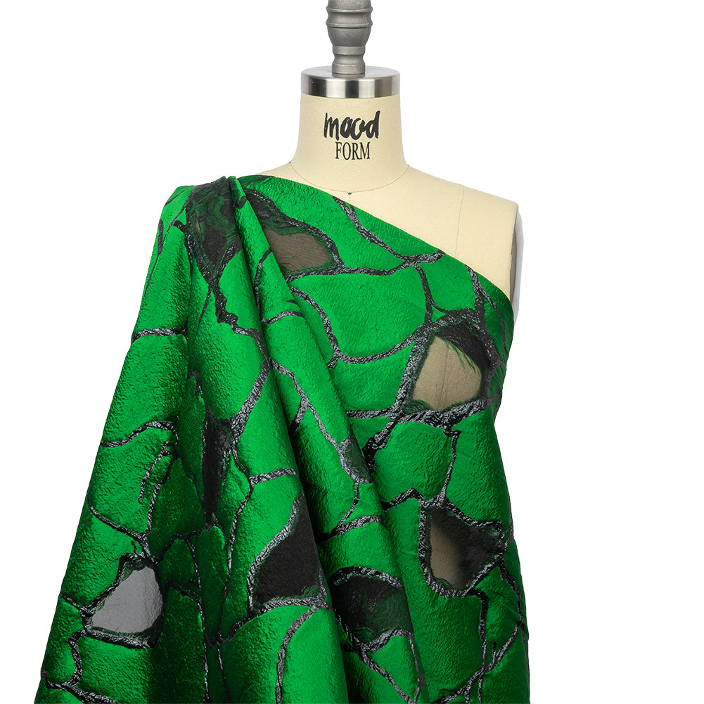 Metallic Black and Green Abstract Luxury Burnout Brocade - Drape