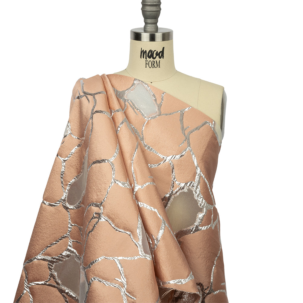 Metallic Silver and Creamsicle Abstract Luxury Burnout Brocade - Drape