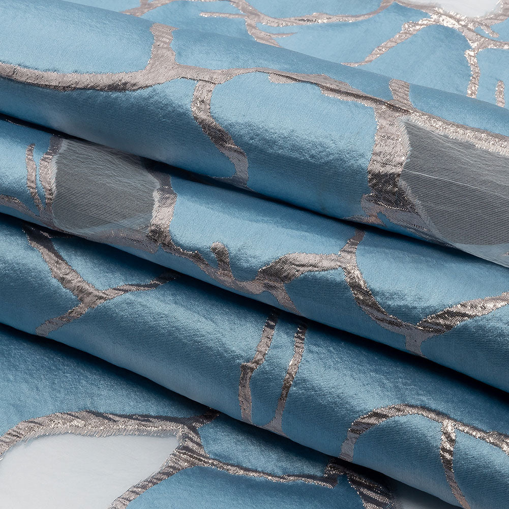 Metallic Silver and Sky Abstract Luxury Burnout Brocade - Folded
