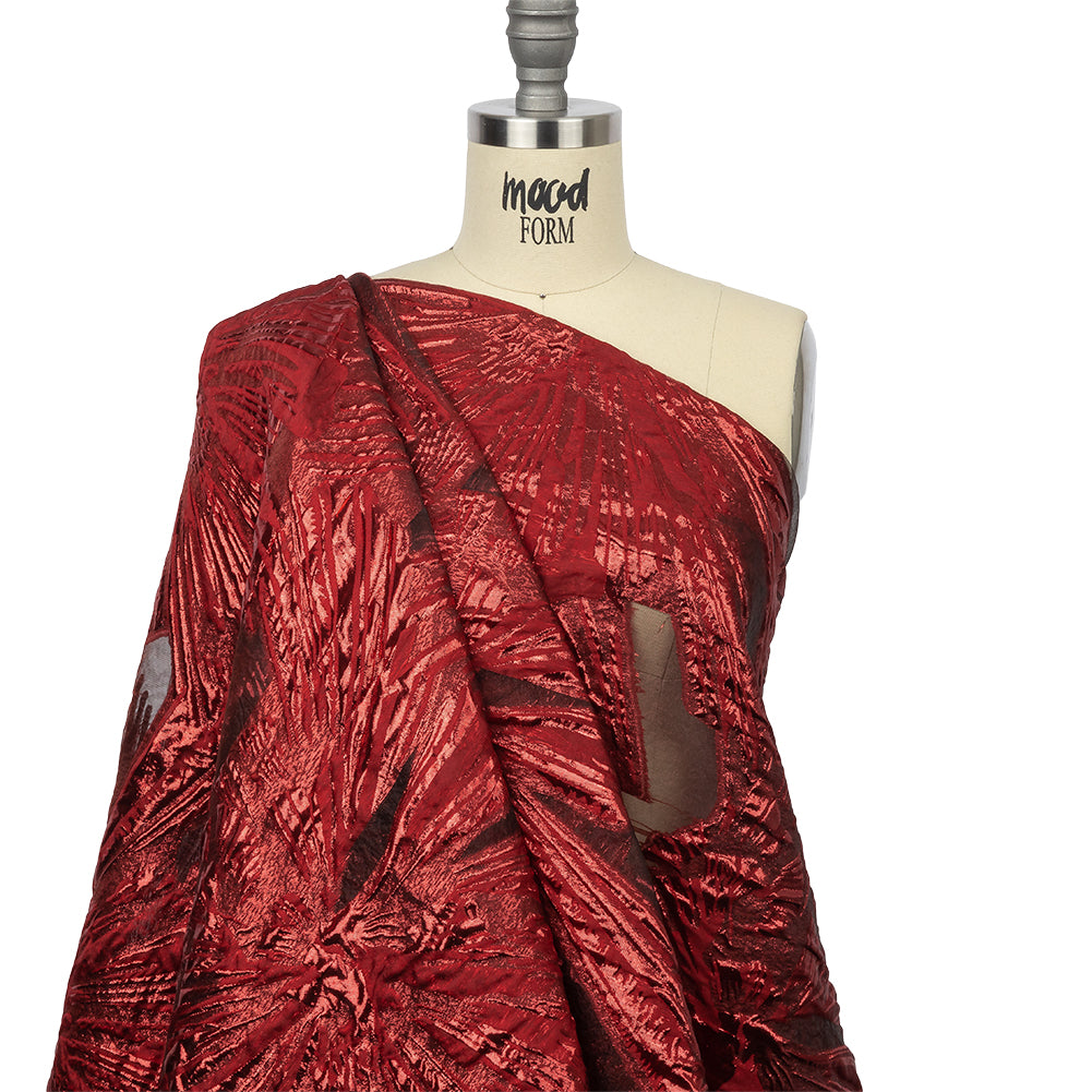 Metallic Red Firework Flowers Luxury Burnout Brocade