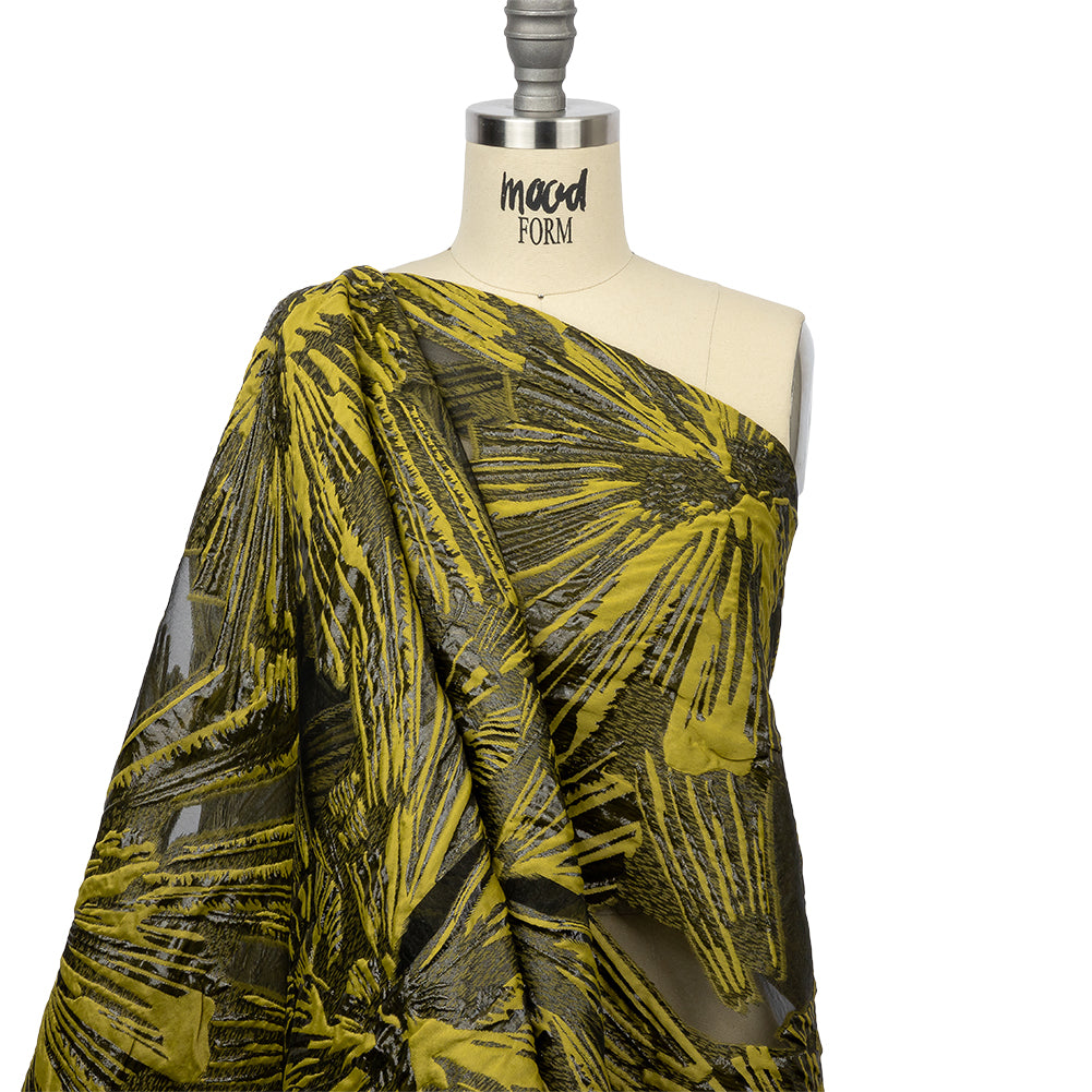 Metallic Black and Golden Olive Firework Flowers Luxury Burnout Brocade