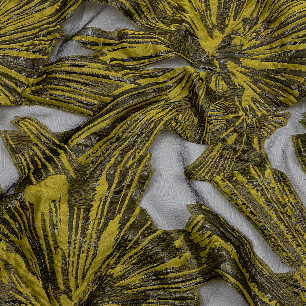 Metallic Black and Golden Olive Firework Flowers Luxury Burnout Brocade