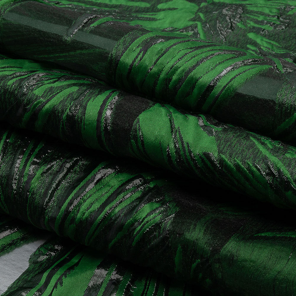 Metallic Black and Green Firework Flowers Luxury Burnout Brocade