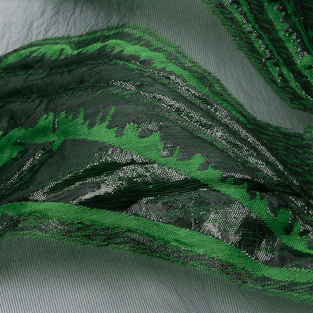 Metallic Black and Green Firework Flowers Luxury Burnout Brocade