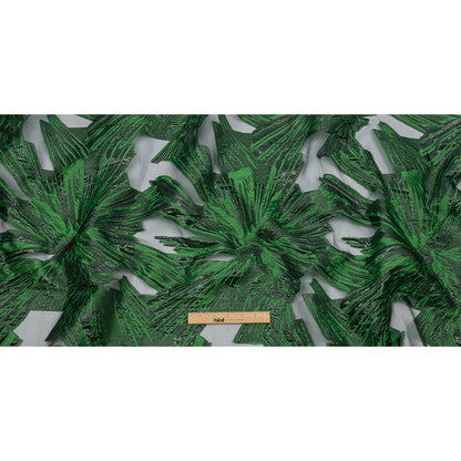 Metallic Black and Green Firework Flowers Luxury Burnout Brocade