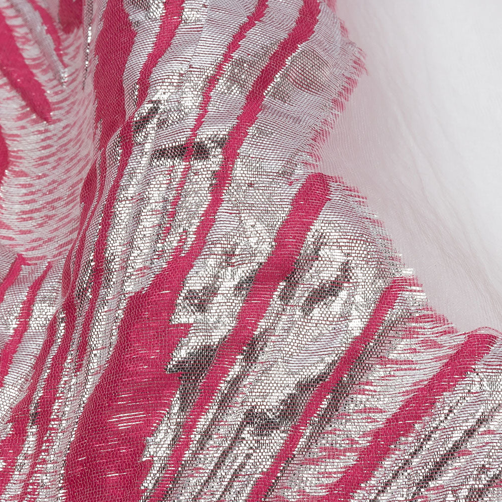 Metallic Silver and Hot Pink Firework Flowers Luxury Burnout Brocade