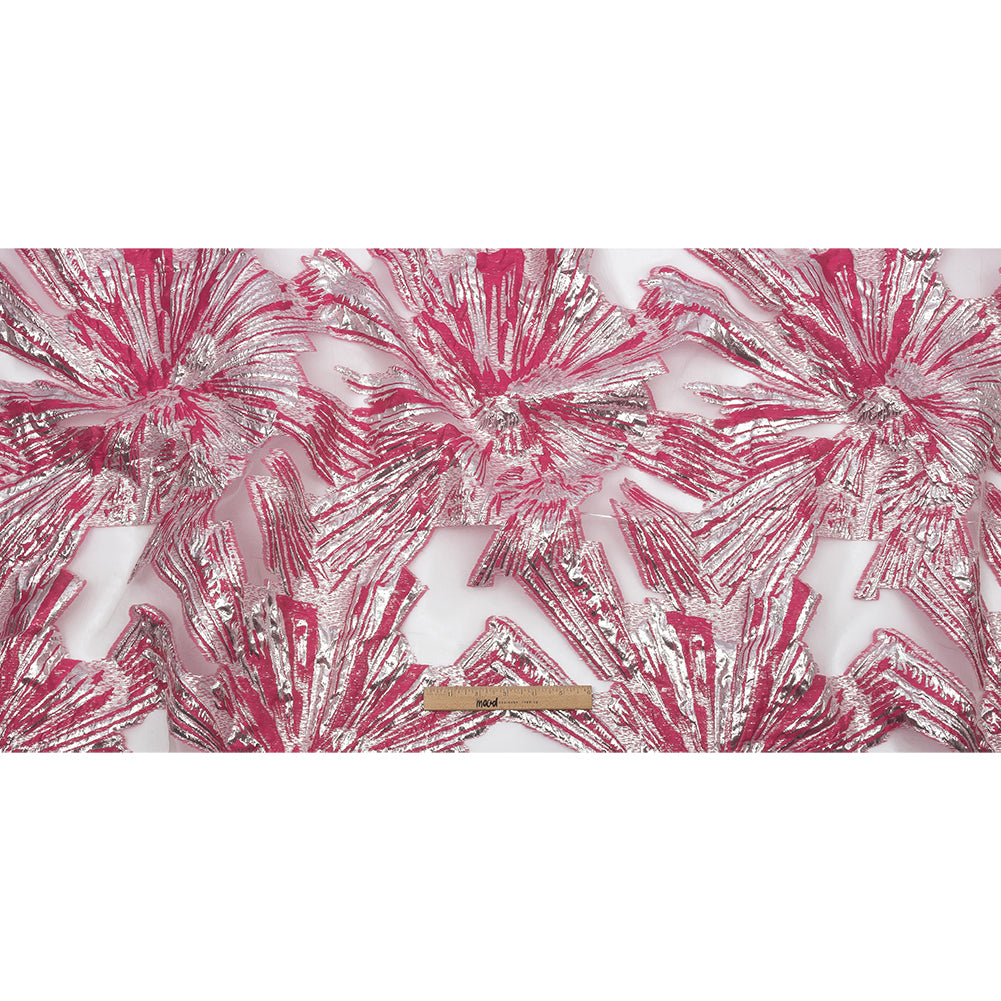 Metallic Silver and Hot Pink Firework Flowers Luxury Burnout Brocade