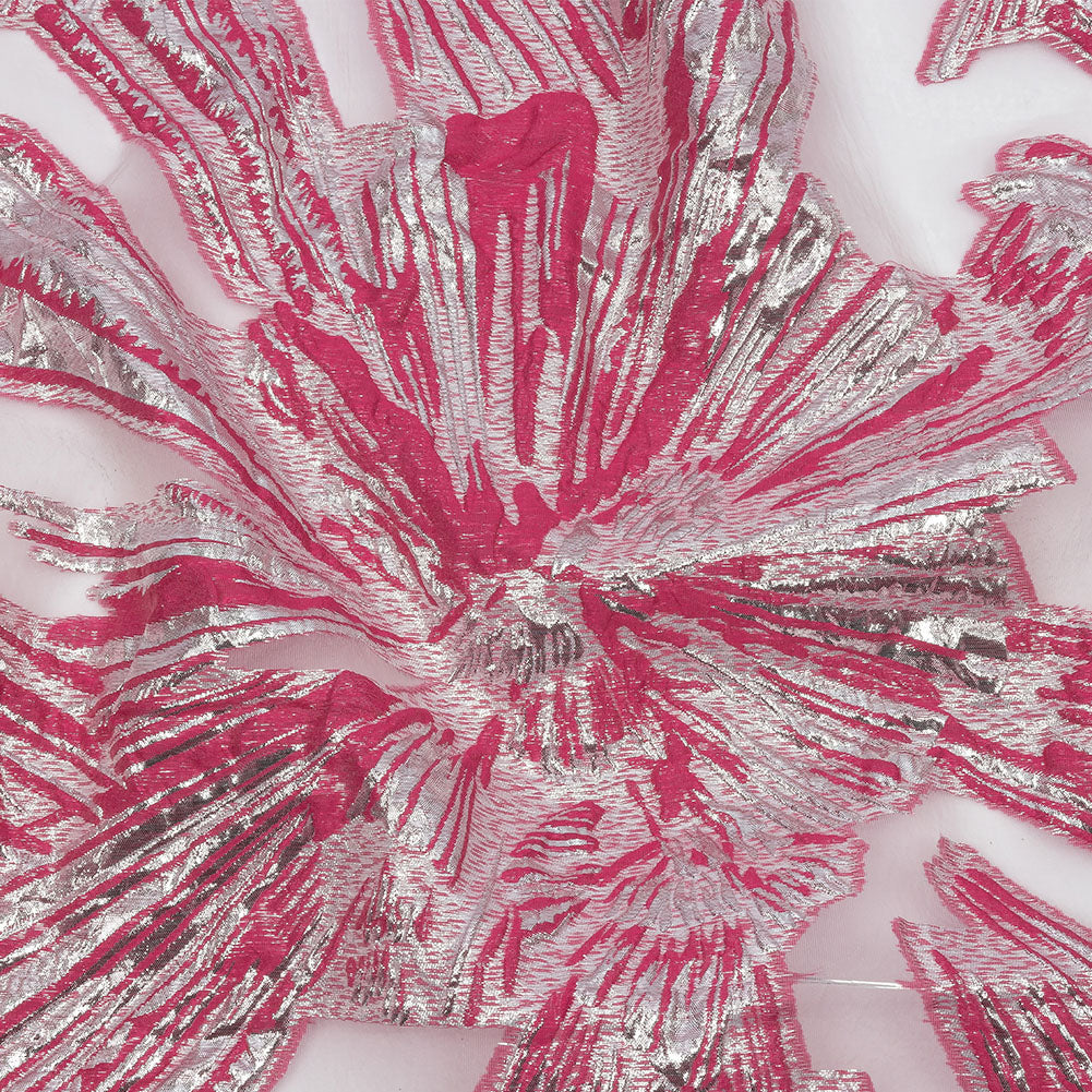 Pink Firework Flower Metallic Silver and Hot Pink Firework Flowers Luxury Burnout Brocade