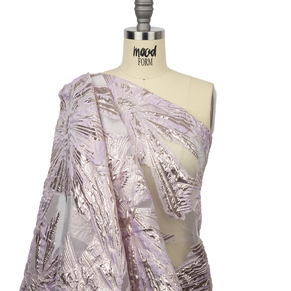 Metallic Rose Gold and Lilac Firework Flowers Luxury Burnout Brocade Drape