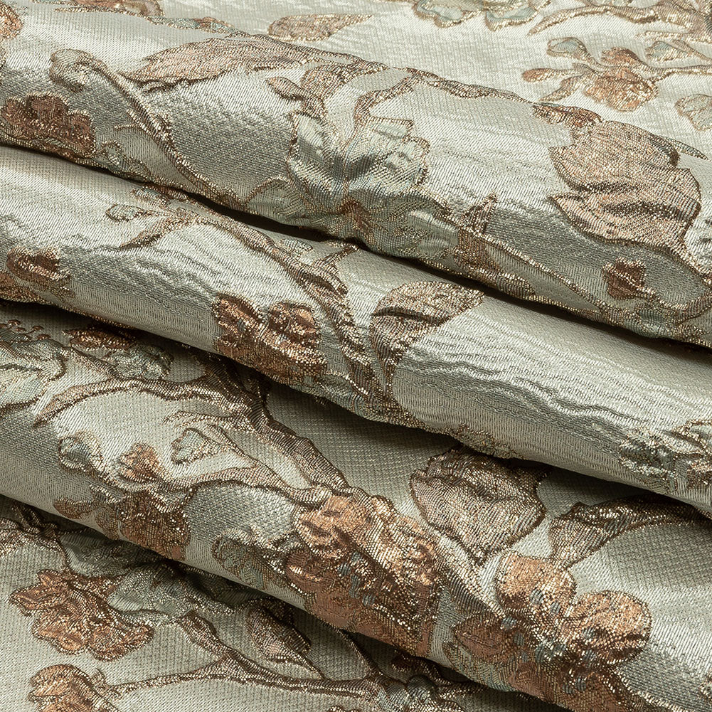 Metallic Gold, Pale Blue and Creamsicle Flowering Vines Luxury Brocade - Folded