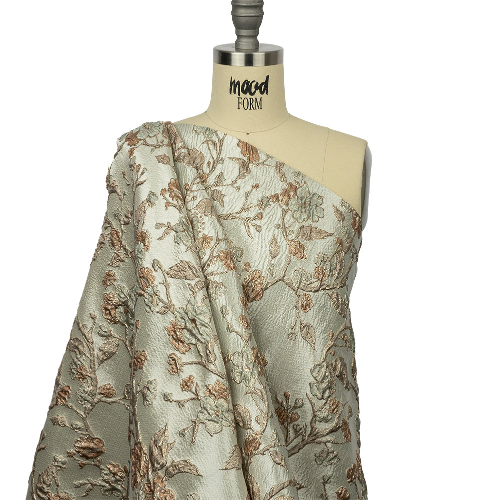 Metallic Gold, Pale Blue and Creamsicle Flowering Vines Luxury Brocade - Drape