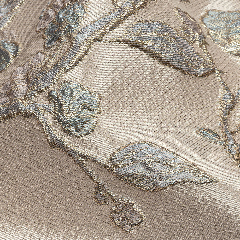 Metallic Pastel Pink and Light Blue Flowering Vines Luxury Brocade - Detail